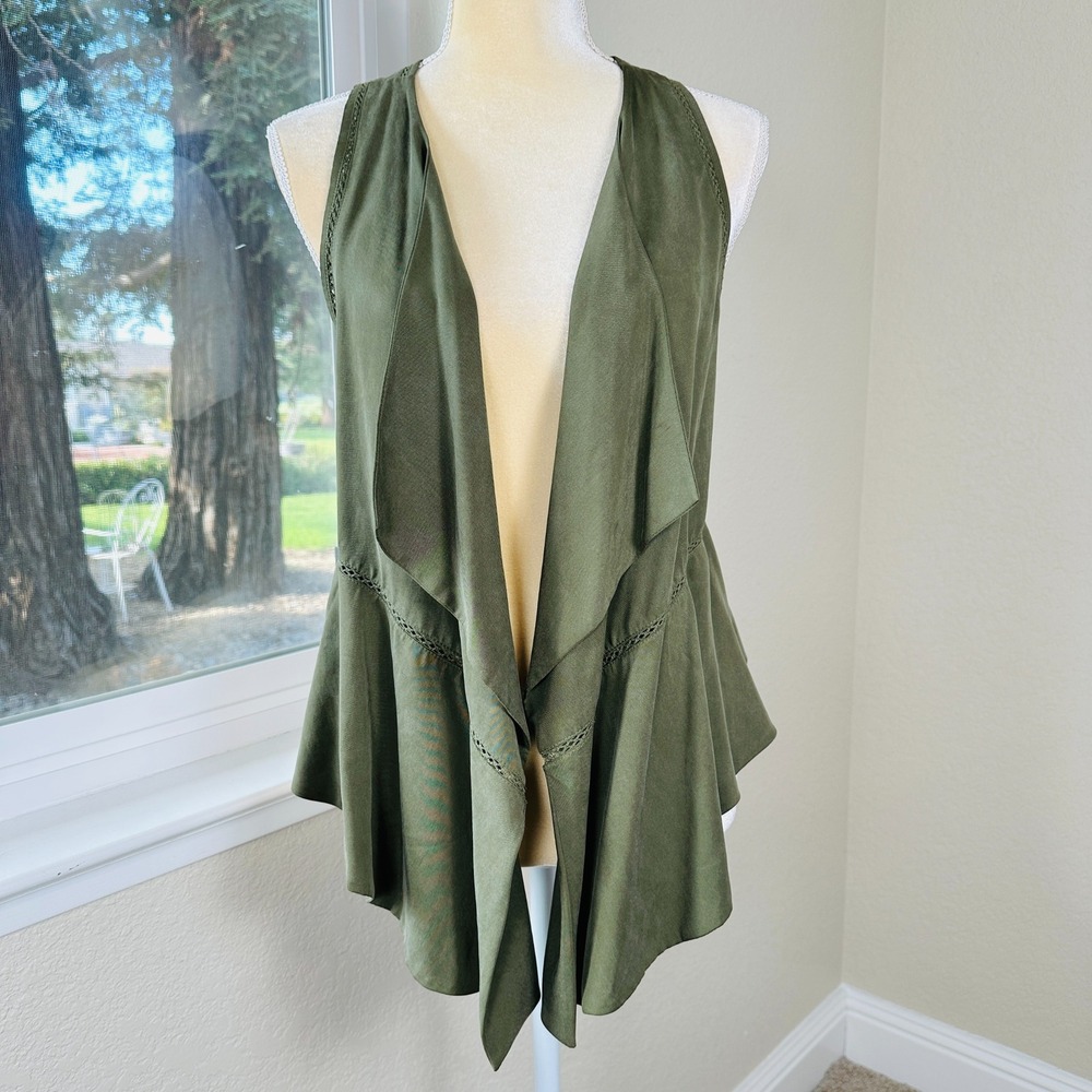 Free People Olive Green Draped Ruffle Hem Open Front Vest Women XS Boho Festival
